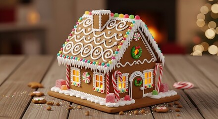 A beautifully decorated gingerbread house illuminated from within sitting on a rustic wooden table with a cozy fireplace in the background