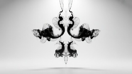 Symmetrical Black and White Inkblot Ornament Abstract Illustration with Organic Swirling Shapes
