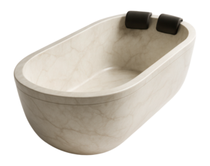 A cast marble bathtub featuring built-in headrests for enhanced comfort in a suburban home.