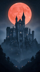 Gothic Castle Under Blood Moon Night
