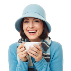 A happy woman wearing a blue sweater, scarf, and hat, holding a white cup and laughing, isolated on transparent background