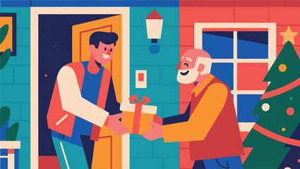 Illustration Of A Young Man Giving A Gift To His Parents Vector Design Template