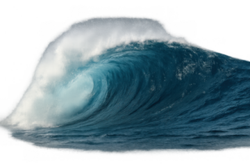 Ocean wave cresting and breaking with foam, raw power of nature, clear blue water, transparent background