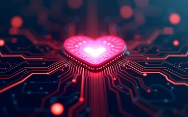 Futuristic heart symbol glows brightly on circuit board. Tech love concept. Heart design part of tech network. Image innovative tech love concept. Futuristic illustration displays health care,