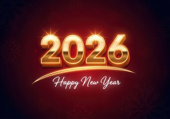 Golden twenty twenty six happy new year on a dark red gradient background