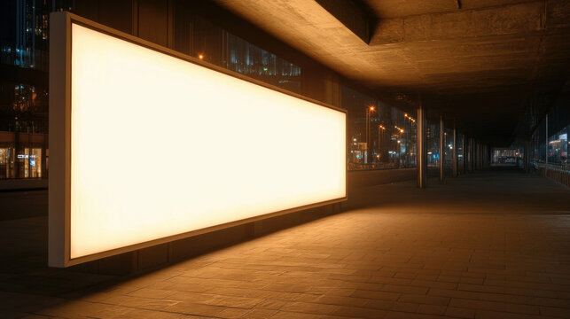 Illuminated blank billboard in an urban tunnel at night, ready for advertising. A large, empty advertising display is lit up in a dark tunnel, offering space for a promotional message.