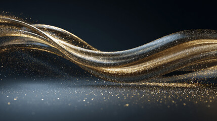 A captivating display of golden and silver light streams dancing gracefully against a dark backdrop. The image creates a sense of elegance, luxury and fluidity