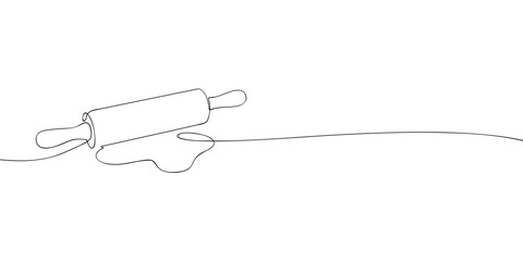 Minimal one-line drawing of a rolling pin flattening dough on a clean white background in a simple, modern style