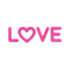 The word love in pink fluffy letters with a heart shape for the letter o, isolated on transparent background