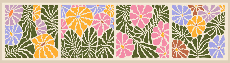 Trendy abstract floral posters in Matisse style. Contemporary botanical interior design elements. Cutout shape of botanical leaves and flowers. Vector Illustration