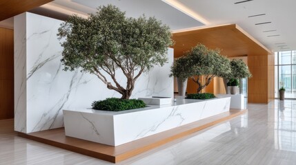 Stylish reception area showcasing elegant design with polished marble walls and contemporary planters. Lush greenery adds a refreshing touch, inviting visitors for a pleasant experience