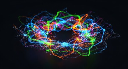 Colorful abstract energy field with swirling lines and particles on dark background.