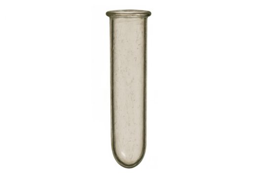 Empty glass test tube, transparent background, representing chemistry, science, experiment, research, and laboratory work