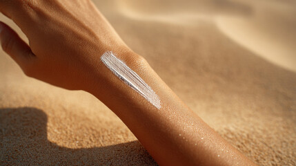 Applying sunscreen to protect skin from the sun on a sunny beach day. A hand applies a streak of white sunscreen to the arm, protecting against harmful UV rays.