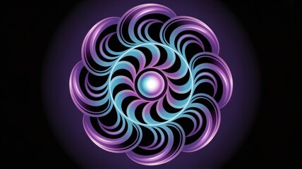 Abstract Radial Mandala Ornament with Swirling Purple and Cyan Smoke Tendrils and Central Glowing Orb