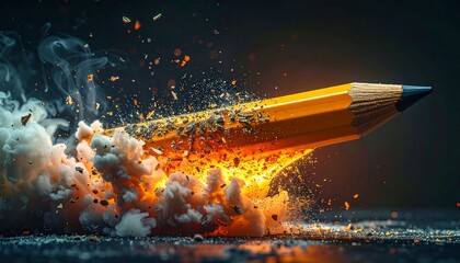 Dynamic pencil in mid-flight with explosion effects, creative and original concept