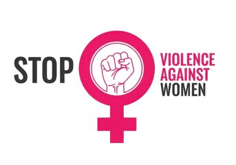 Graphic illustration with the symbol for woman and a raised fist, conveying the message stop violence against women with a bold and impactful design
