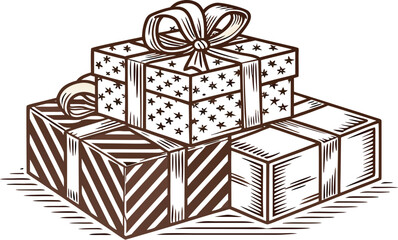 Red Christmas present gift box with gold ribbon and bow, isolated on white background