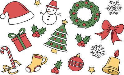 A set of seamless Christmas icons features a vector illustration pattern with Santa, a snowman, tree decorations, gift boxes, and winter holiday symbols