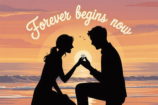 Romantic silhouette of a man proposing to a woman on a beach at sunset with the words forever begins now