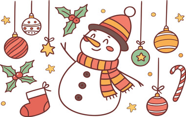 A festive vector set of Christmas icons, featuring cartoon illustrations of Santa, a snowman, a gift, a snow-covered tree, and a snowflake decoration for the winter season holiday card