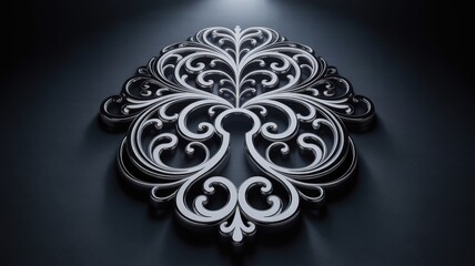 Abstract Baroque Chrome Filigree Pattern with Ornate Keyhole Detail on Black Background