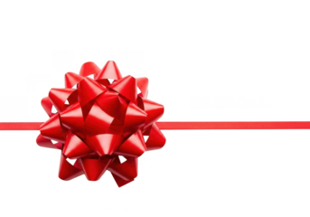 A vibrant red star bow, often used for gift wrapping and holiday decorations, presented with a thin red ribbon, isolated on transparent background