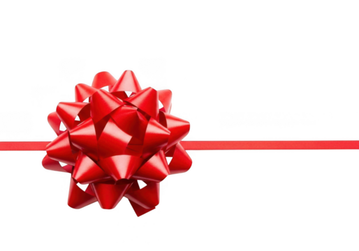 A vibrant red star bow, often used for gift wrapping and holiday decorations, presented with a thin red ribbon, isolated on transparent background