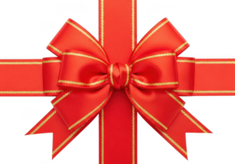 A classic red ribbon tied into a bow with gold trim, isolated on transparent background