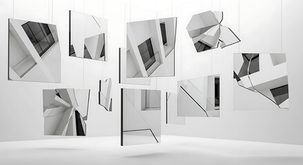 Abstract architectural installation with suspended geometric panels displaying interior scenes.