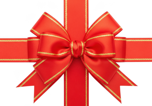 A classic red ribbon tied into a bow with gold trim, isolated on transparent background