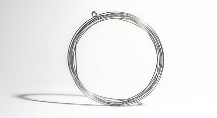 Coil of thin, shiny silver wire, casting a shadow on a white surface.