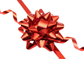 A shiny red gift bow with a curling ribbon, isolated on transparent background