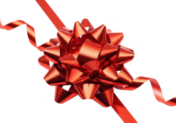 A shiny red gift bow with a curling ribbon, isolated on transparent background