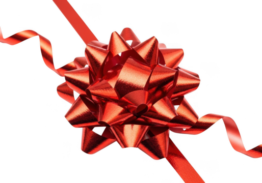 A shiny red gift bow with a curling ribbon, isolated on transparent background