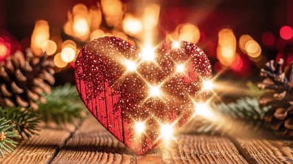 Festive red heart ornament with glitter and lights on wooden table