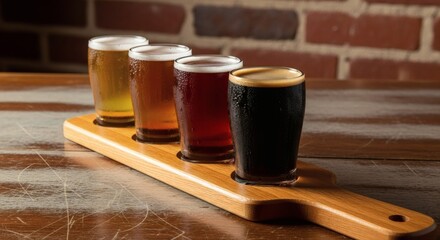 Craft Beer Flight  Brewery Tasting on Rustic Wood with Brick Backdrop.