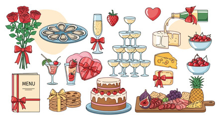 Festive Celebration Elements Bouquet, Champagne Tower, Dessert, Charcuterie, and Heart-Shaped Treats