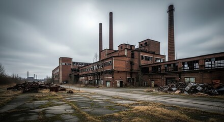 Fototapeta premium Abandoned industrial factory with tall chimneys