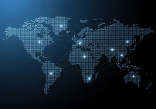 World map with glowing dots representing cities and global connectivity