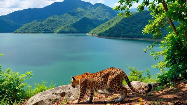 Leopard overlooking mountain lake