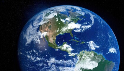 Earth From Space View With Blue Oceans Green Continents and Clouds in Dark Starry Background