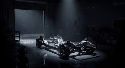 Monochrome shot of race car frame in dark workshop