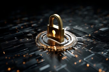 Golden padlock stands securely on a digital circuit board background representing cybersecurity and data protection