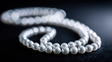 luster. A single strand of pearls arranged in curves on black velvet with soft lighting. lifestyle magazines, social media lookbooks, designed for lifestyle magazines and social media content.luster. 