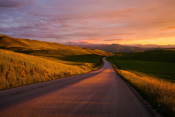 Scenic road through golden hills at sunset with distant mountain range