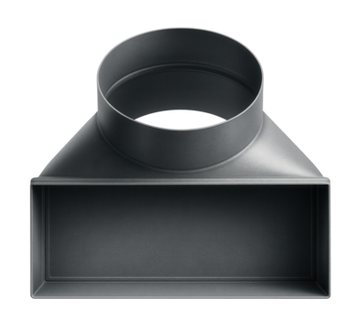 Rectangular duct adapter for transitioning from round to rectangular vents in HVAC systems.