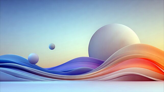 A serene abstract scene featuring smooth, undulating waves in shades of blue, purple, and orange, with three spheres of varying sizes floating against a soft gr