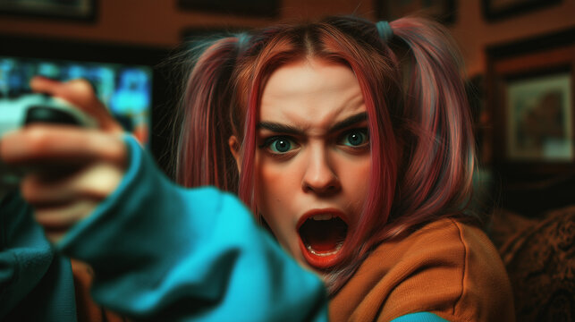 Emotional gaming moment. Young female gamer with pink hair reacting to console gameplay in dark room with blue and pink neon lights. Immersive digital entertainment. - Powered by Adobe
