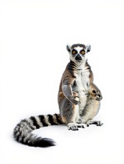 Naklejka premium Ring-tailed Lemur Mother and Baby Standing on White Background